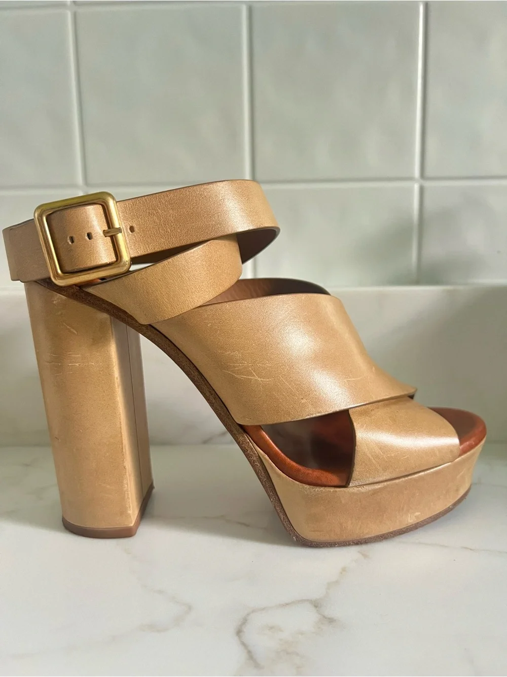 Authentic Chloe Tan Crossover Ankle Strap Platform Heels - Women’s 38.5